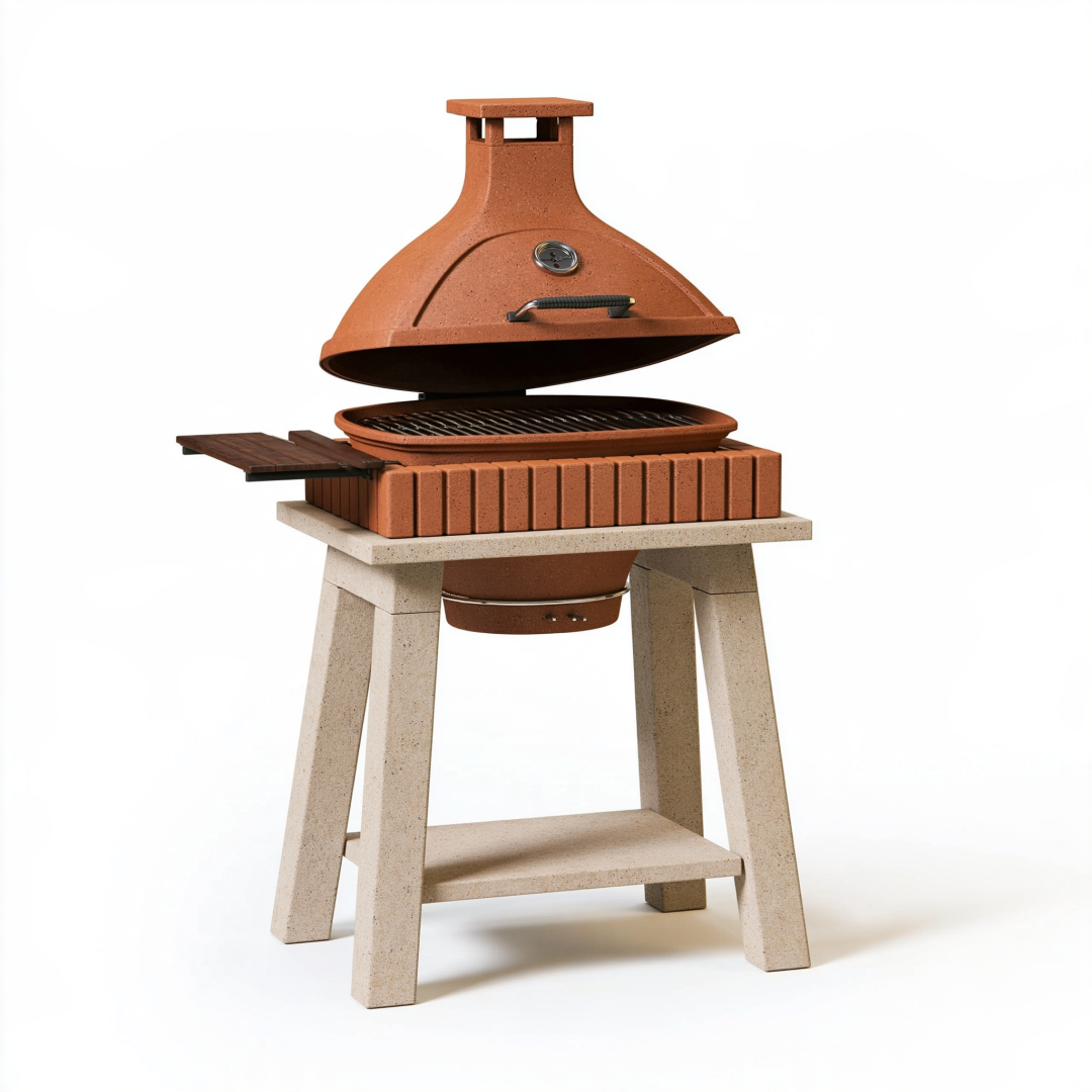 Barbecue au charbon diamètre 70 cm en terre cuite terracotta avec gril et thermomètre