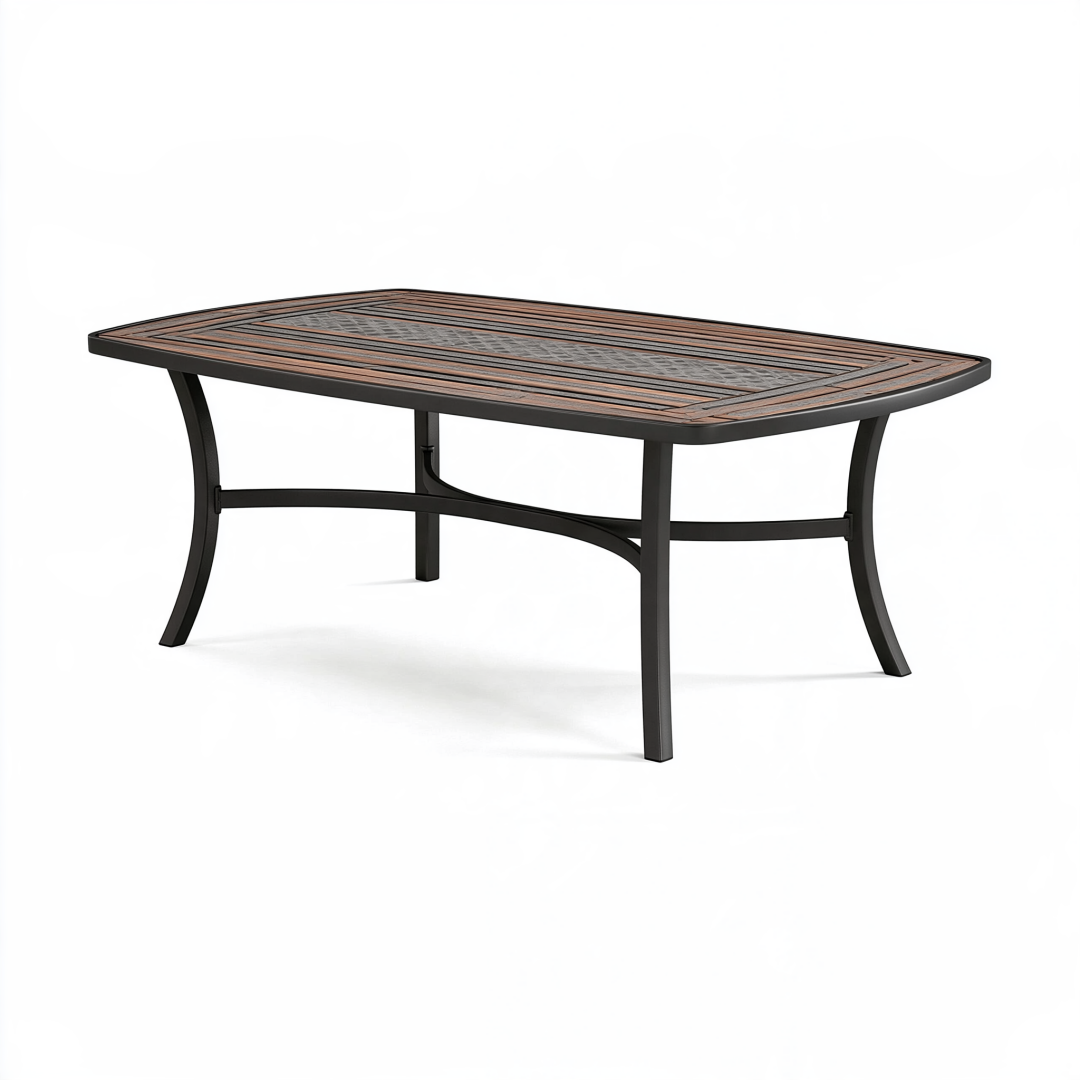 Table de jardin rectangulaire 180 x 100 cm en métal noir et marron aspect bois pour repas extérieur