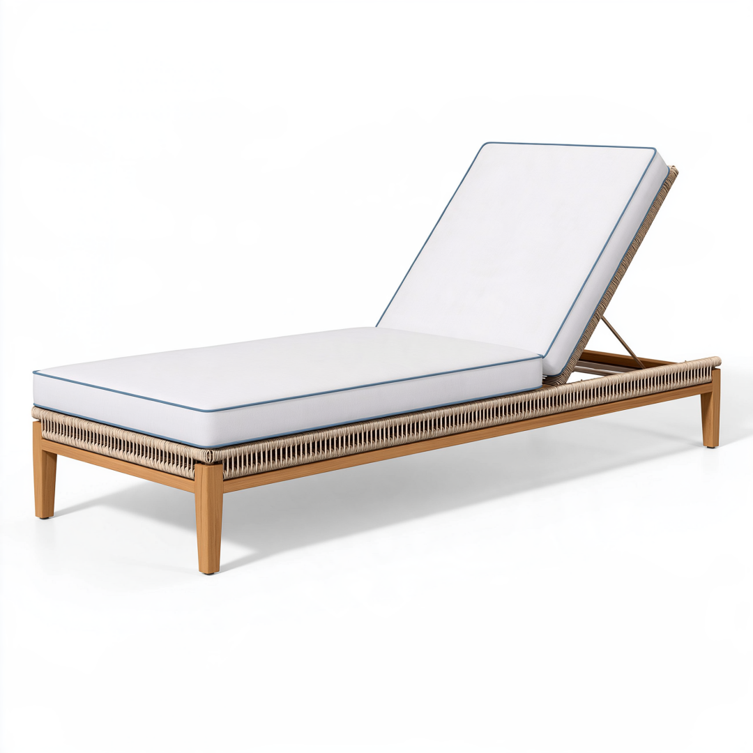 Bain de soleil 200 x 70 cm en bois et corde tressée blanc naturel dossier réglable