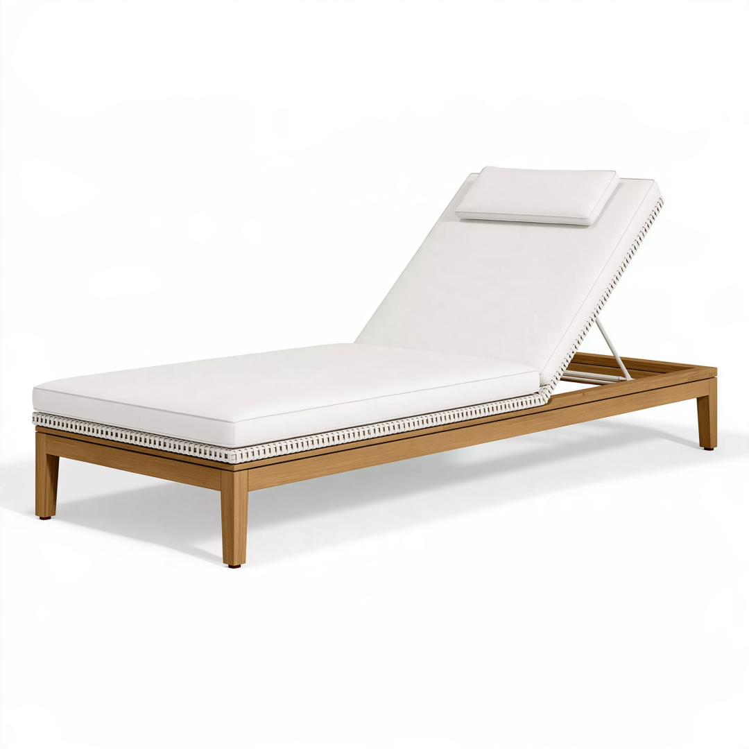 Chaise longue de jardin 200 x 70 cm bois brun et tressage blanc dossier réglable