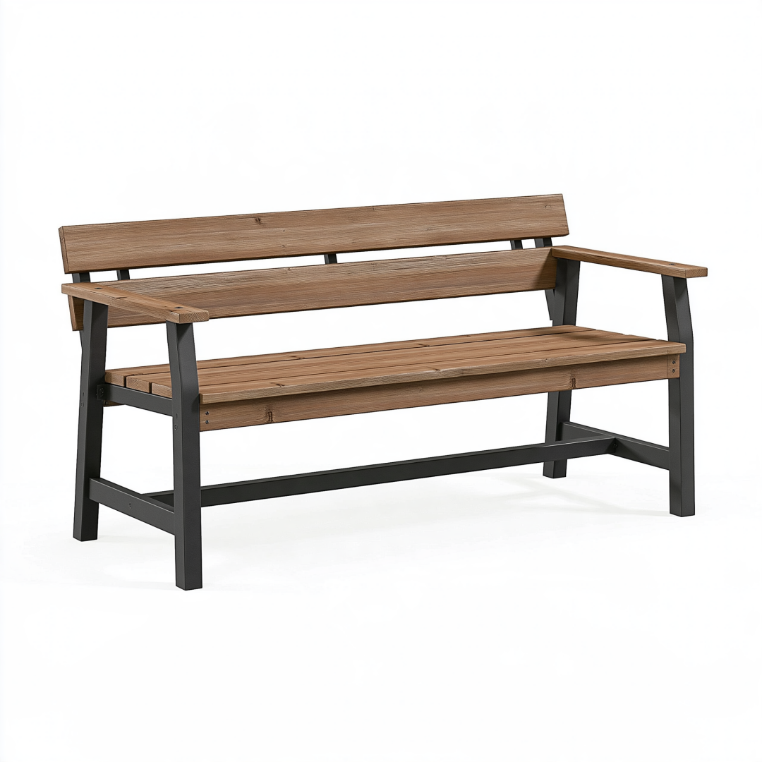 Banc de jardin 150 cm en bois brun et métal noir avec dossier et accoudoirs
